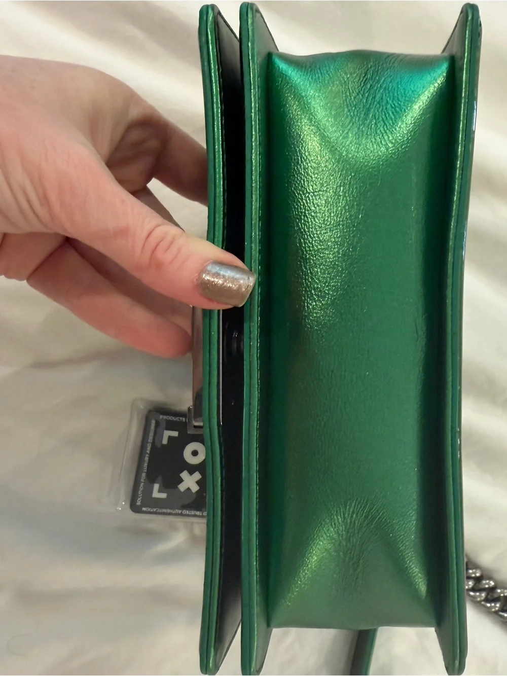 CHANEL Green Quilted Patent Leather Boy Bag with Silver Chain